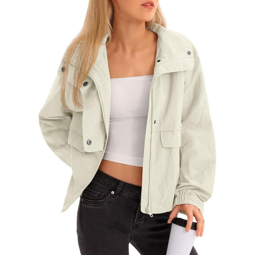 image:imageFisoew Womens Cropped Jacket Zip Up Lightweight Hooded Trench Coat Active Outdoor Windbreaker Raincoat with PocketsBeige