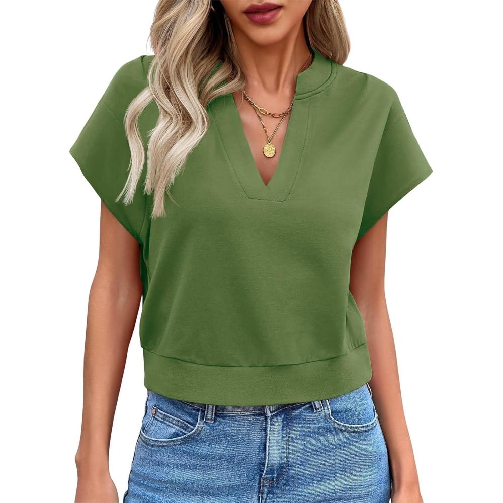 image:imageFisoew Womens Cropped Tops Summer V Neck Cap Sleeve Casual Loose Fit T ShirtsArmy Green