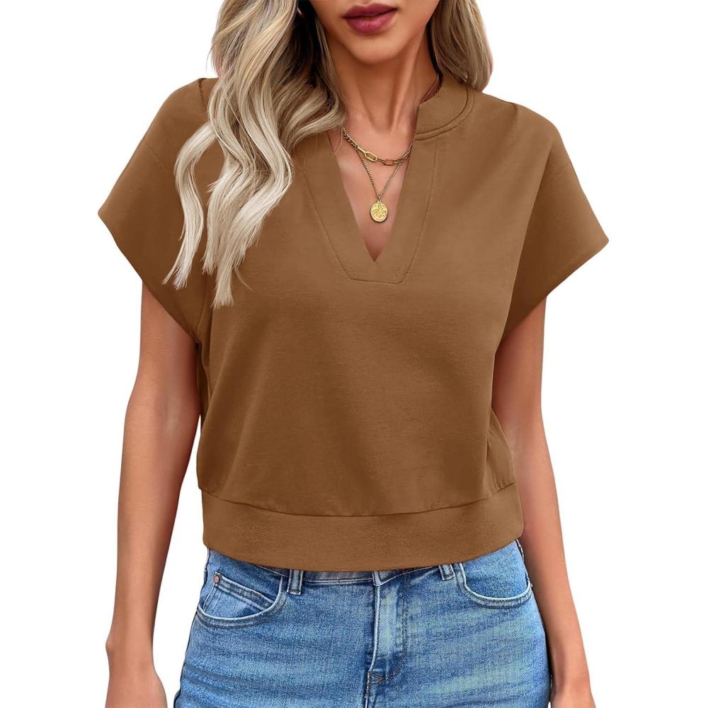 image:imageFisoew Womens Cropped Tops Summer V Neck Cap Sleeve Casual Loose Fit T ShirtsBrown