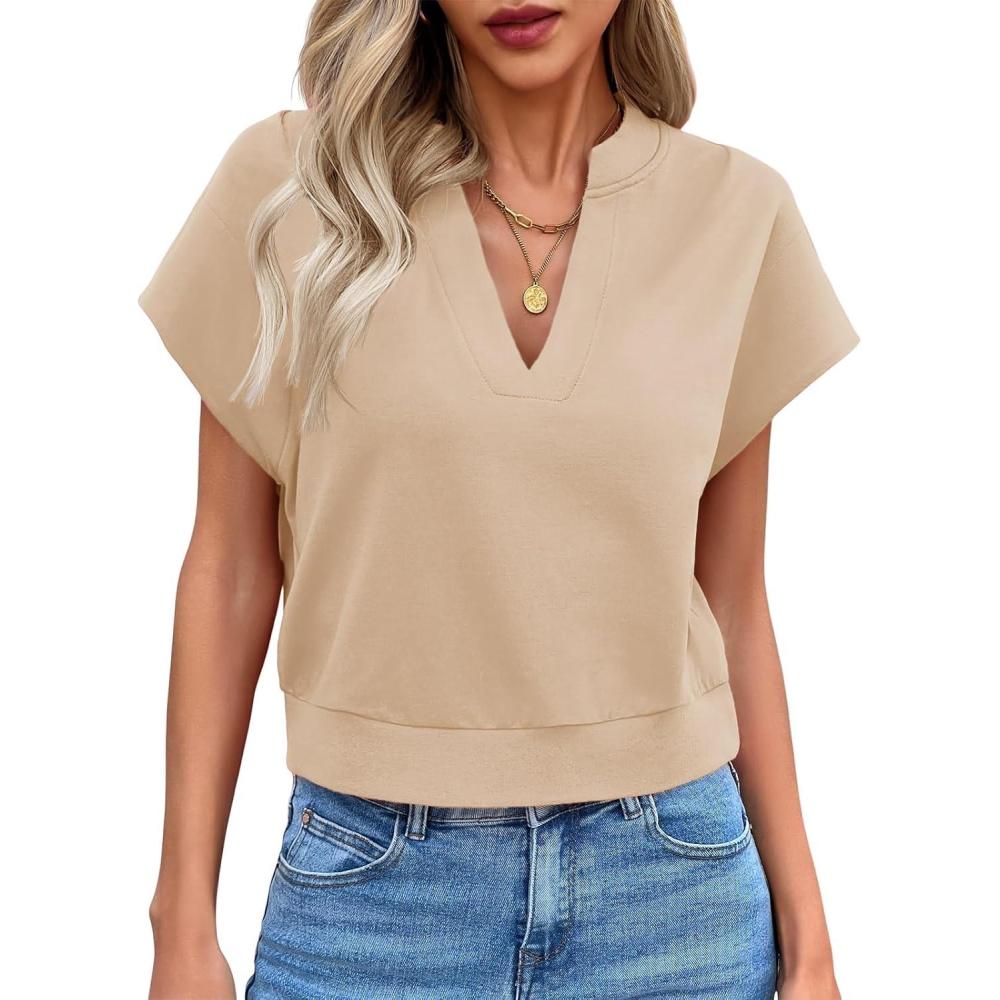 image:imageFisoew Womens Cropped Tops Summer V Neck Cap Sleeve Casual Loose Fit T ShirtsLight Khaki