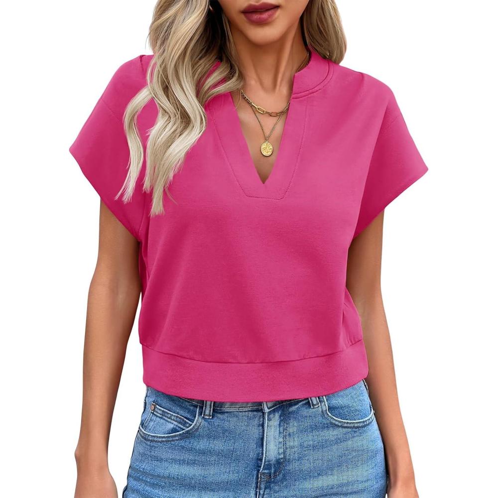 image:imageFisoew Womens Cropped Tops Summer V Neck Cap Sleeve Casual Loose Fit T ShirtsRose Red
