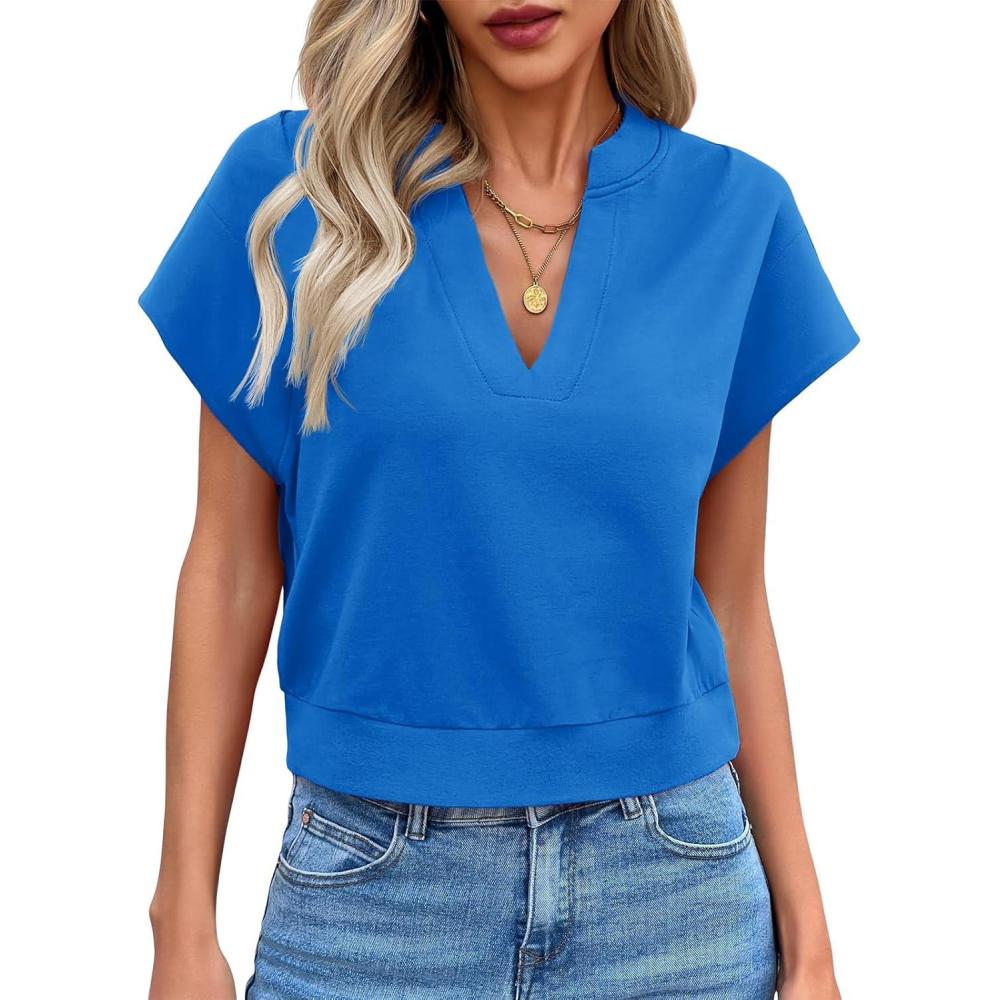 image:imageFisoew Womens Cropped Tops Summer V Neck Cap Sleeve Casual Loose Fit T ShirtsRoyal Blue