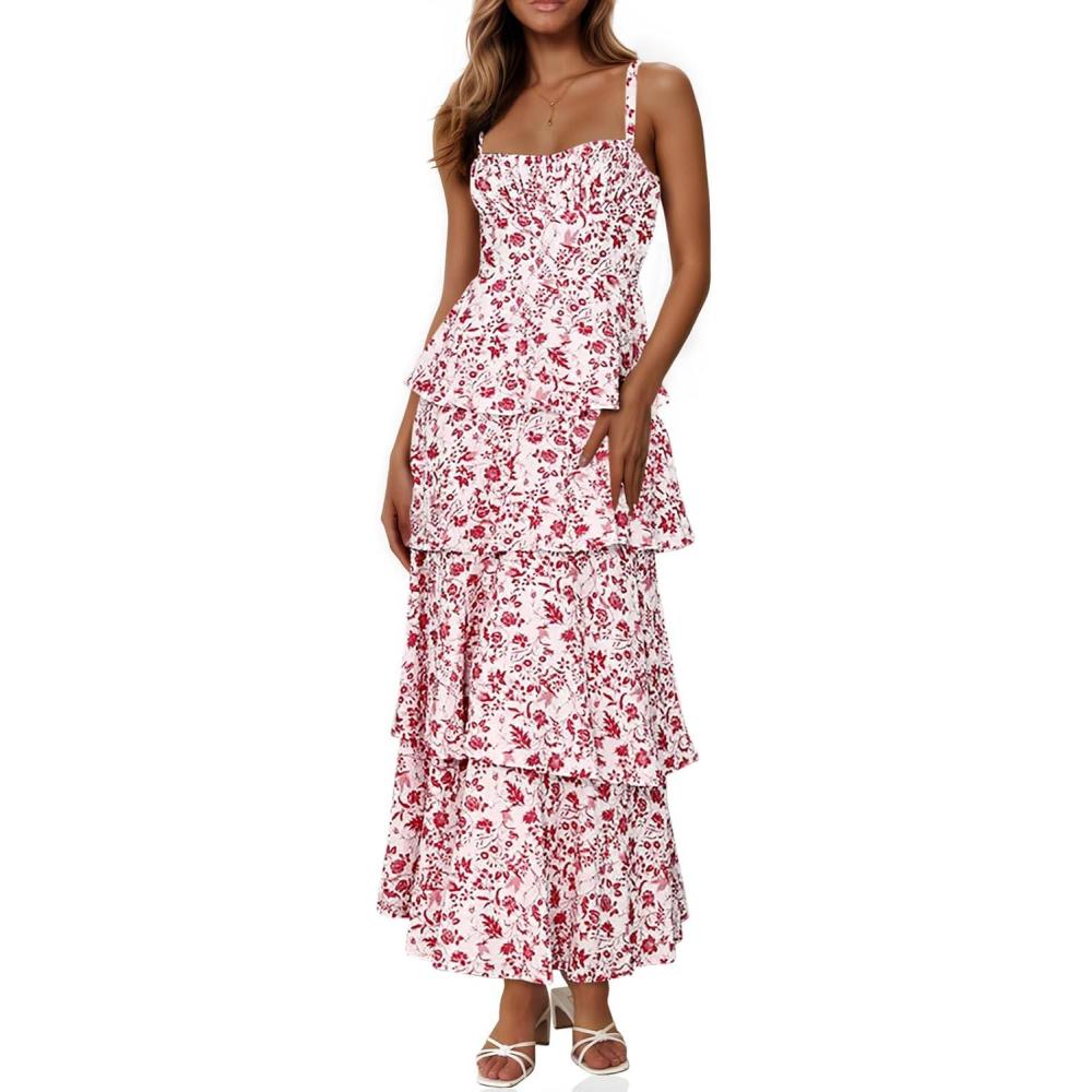 image:imageFisoew Womens Floral Maxi Dresses Spaghetti Strap Casual Sleeveless Ruffle Flowy Tiered DressBurgundy