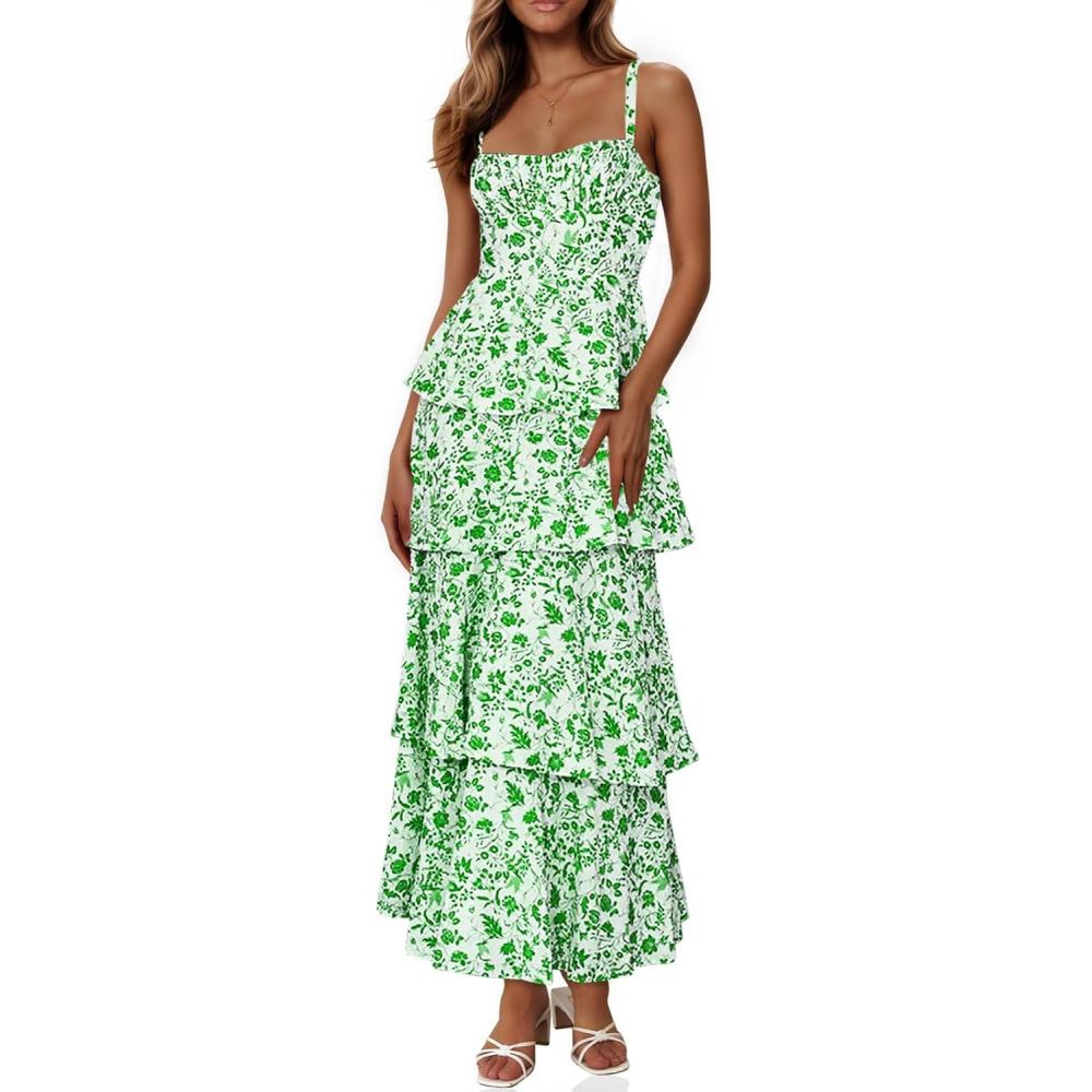 image:imageFisoew Womens Floral Maxi Dresses Spaghetti Strap Casual Sleeveless Ruffle Flowy Tiered DressGreen