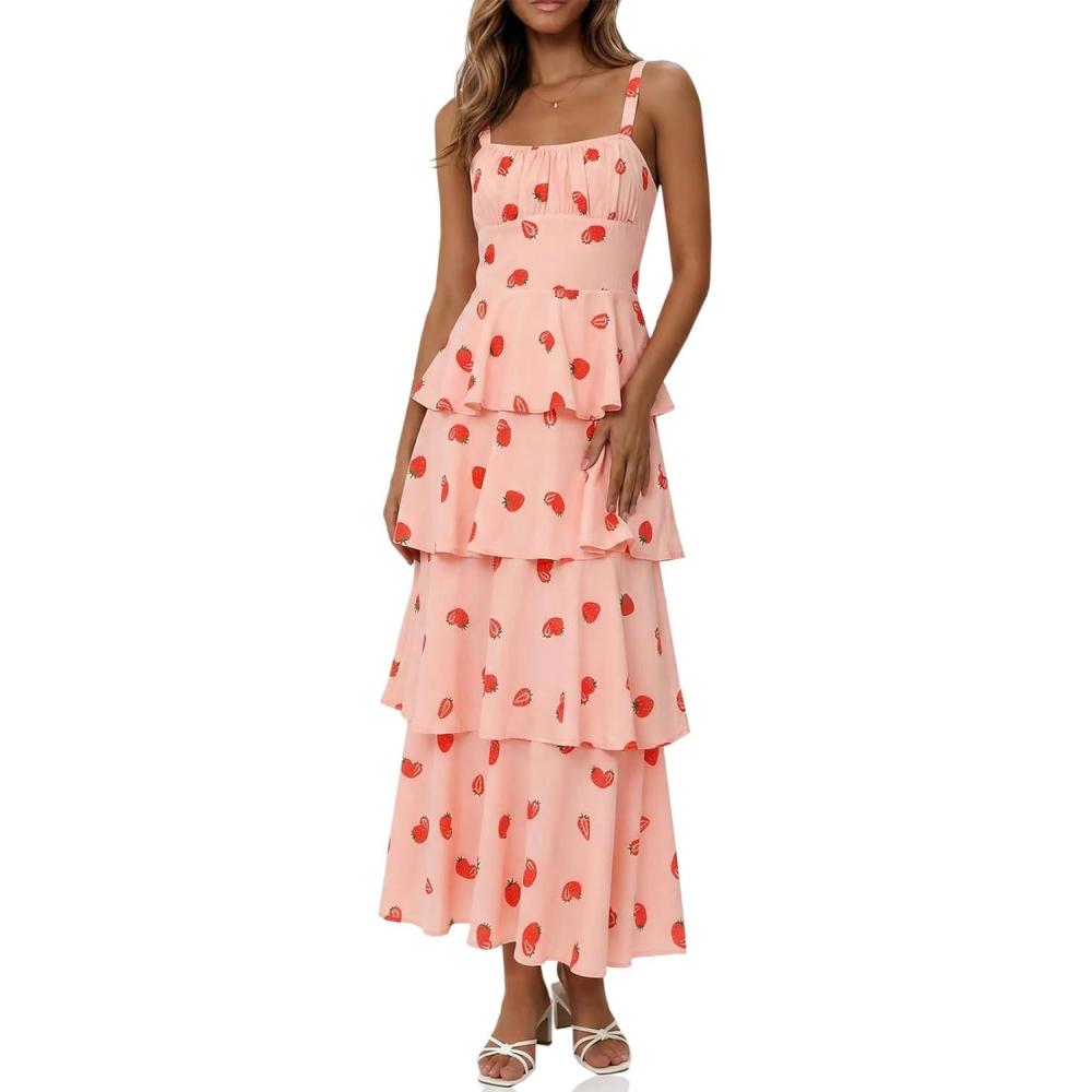 image:imageFisoew Womens Floral Maxi Dresses Spaghetti Strap Casual Sleeveless Ruffle Flowy Tiered DressLight Pink