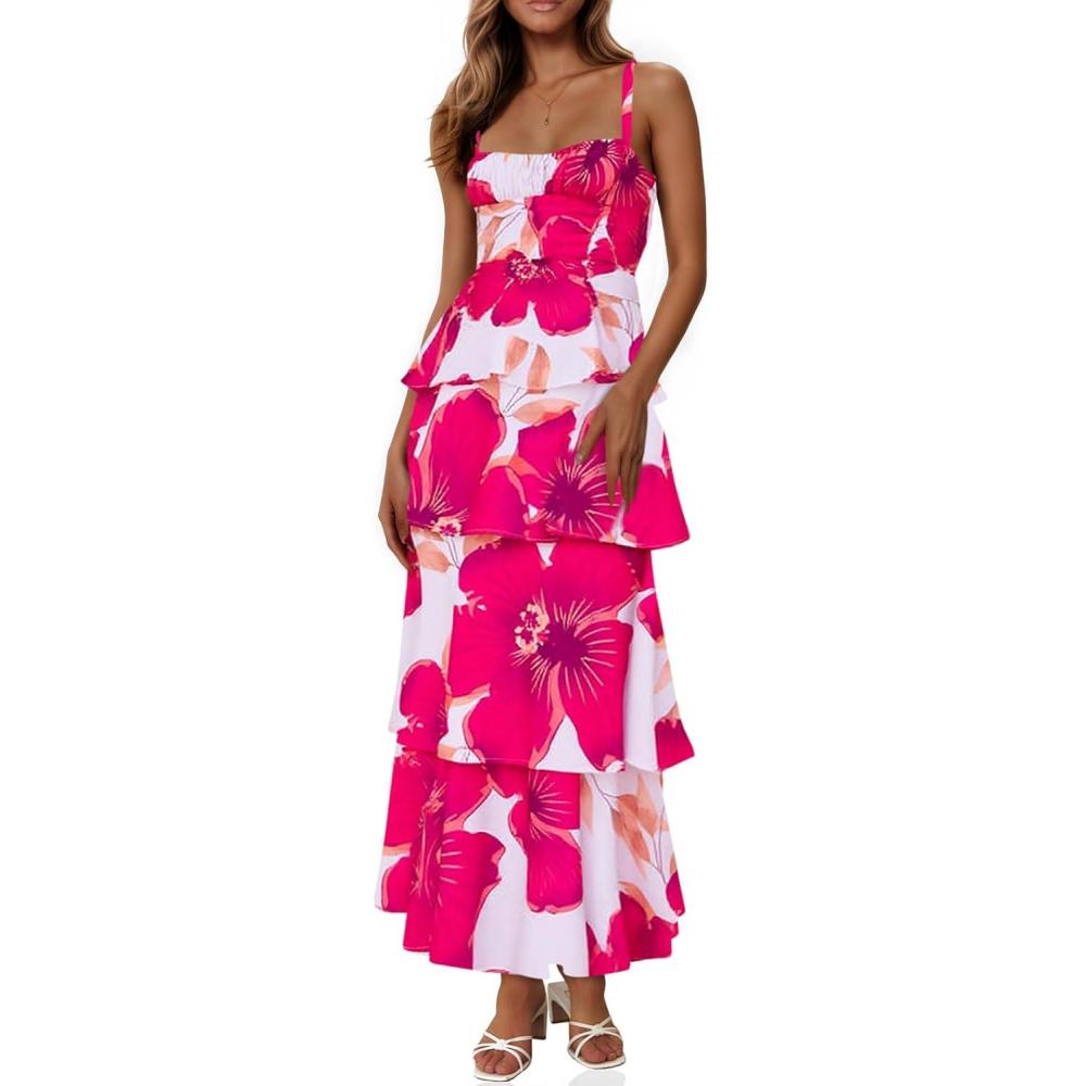 image:imageFisoew Womens Floral Maxi Dresses Spaghetti Strap Casual Sleeveless Ruffle Flowy Tiered DressRose Red