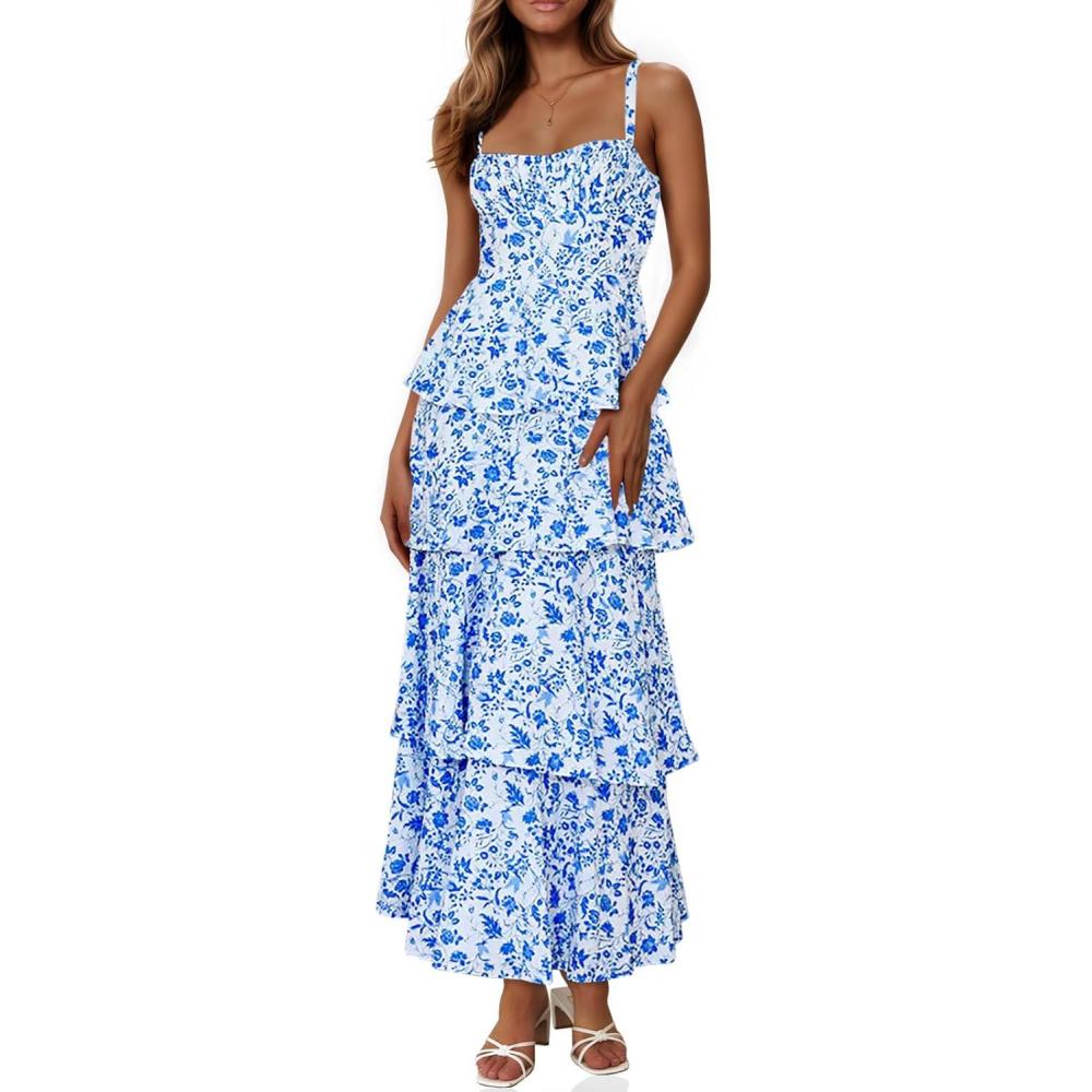 image:imageFisoew Womens Floral Maxi Dresses Spaghetti Strap Casual Sleeveless Ruffle Flowy Tiered DressRoyal Blue