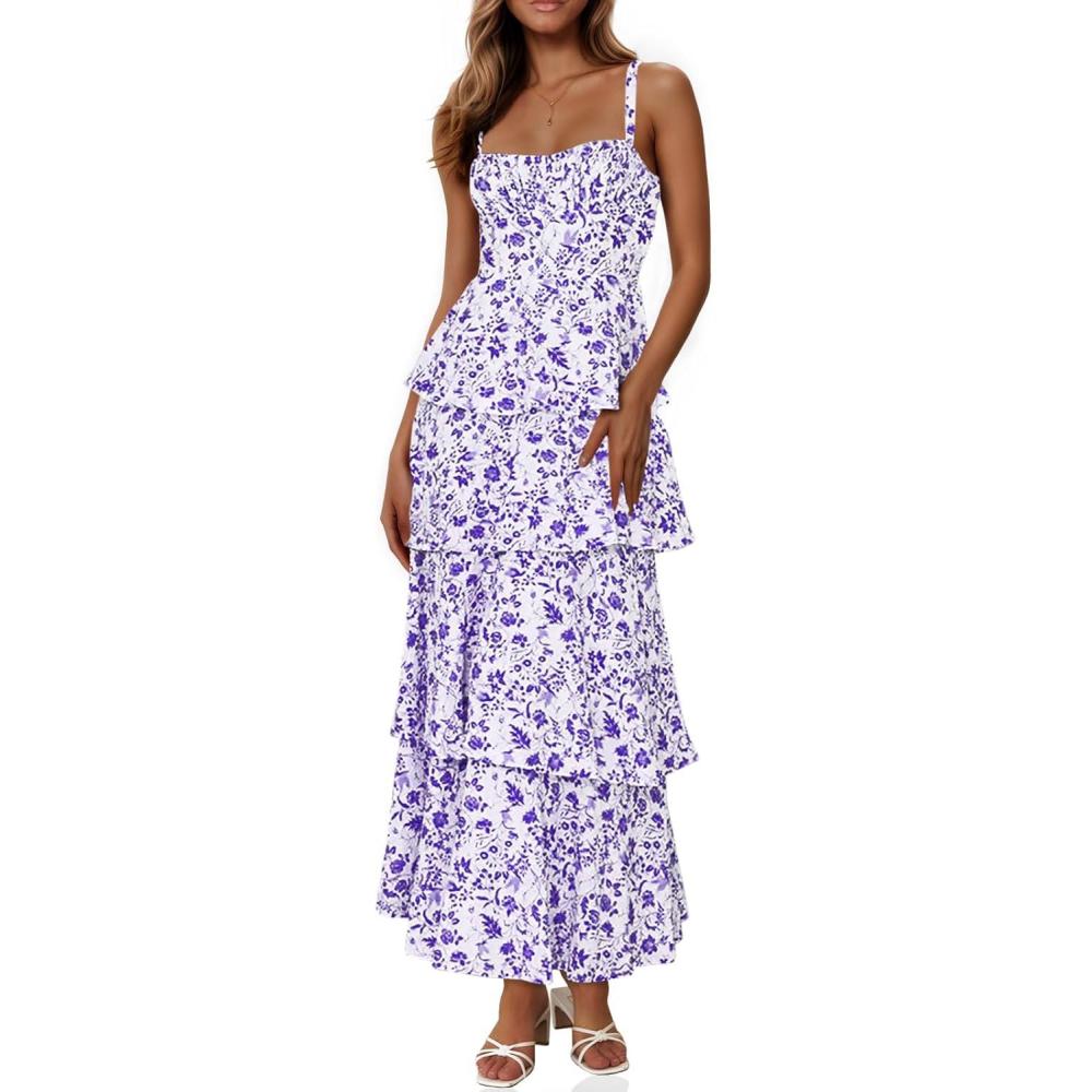 image:imageFisoew Womens Floral Maxi Dresses Spaghetti Strap Casual Sleeveless Ruffle Flowy Tiered DressViolet