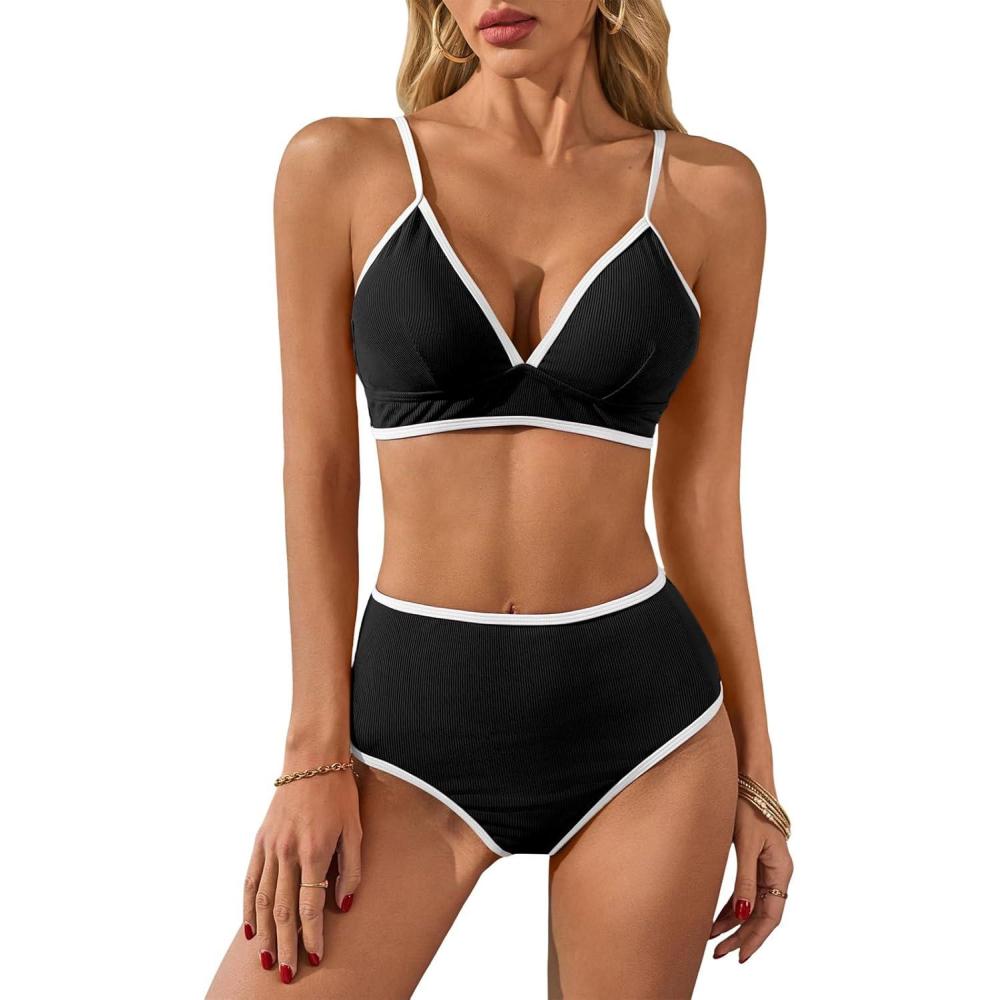 image:imageFisoew Womens High Waisted Bikini Sets Triangle Ribbed Color Block Two Piece Swimsuit Sexy High Cut Bathing Suit