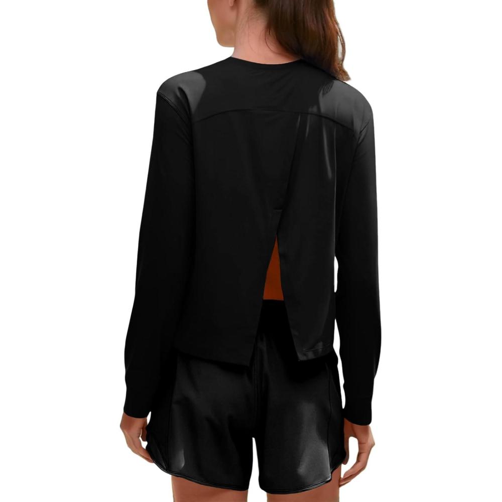 image:imageFisoew Womens Long Sleeve Workout Tops Casual Split Back Crewneck Athletic Loose Running Gym T ShirtsBlack