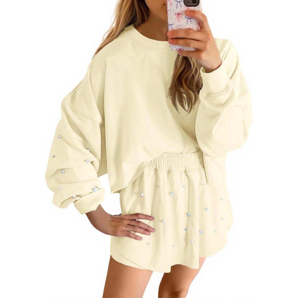 image:imageFisoew Womens Lounge Sets 2 Piece Outfits Decor Pearl Long Sleeve Sweatshirt Skort Skirt Tracksuits Shorts SetsBeige