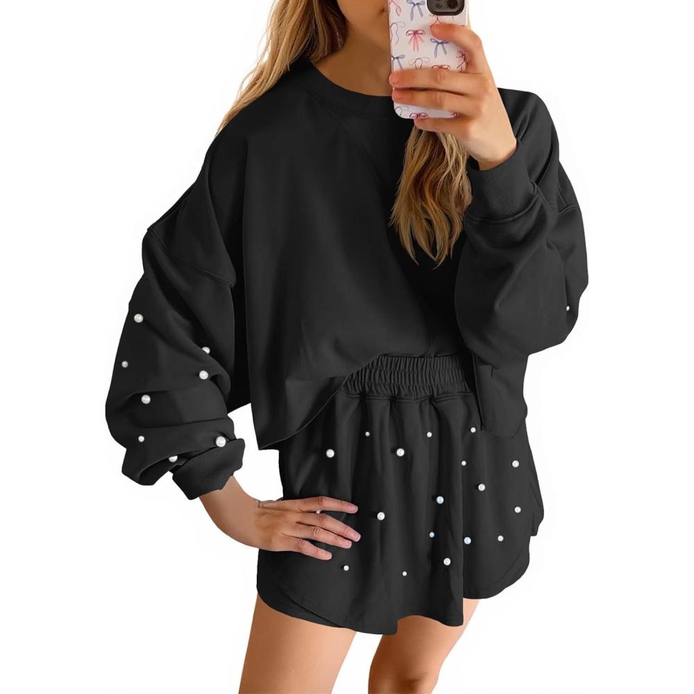 image:imageFisoew Womens Lounge Sets 2 Piece Outfits Decor Pearl Long Sleeve Sweatshirt Skort Skirt Tracksuits Shorts SetsBlack