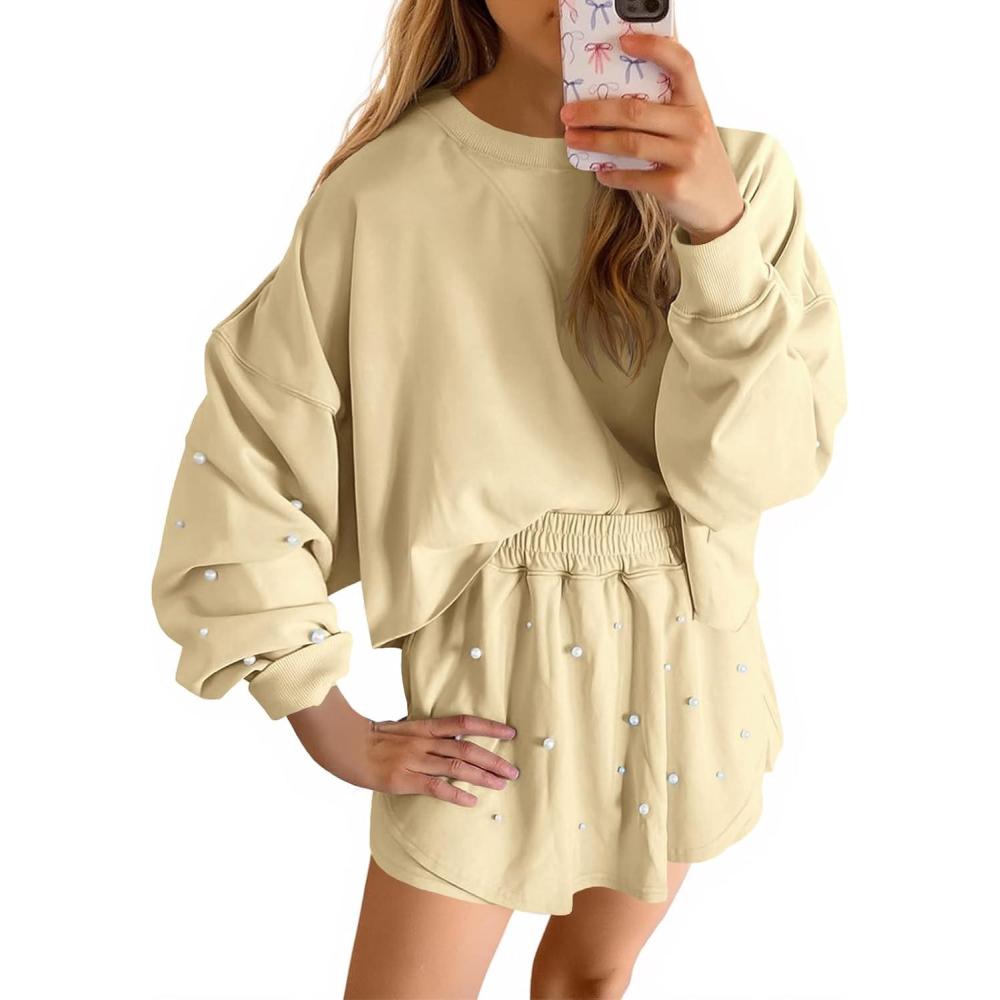 image:imageFisoew Womens Lounge Sets 2 Piece Outfits Decor Pearl Long Sleeve Sweatshirt Skort Skirt Tracksuits Shorts SetsKhaki