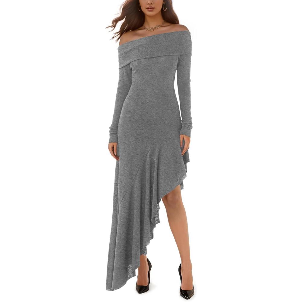 image:imageFisoew Womens Off The Shoulder Long Sleeve Maxi Dress Fall Casual Ruffle Irregular Hem Wedding Guest DressesDark Grey