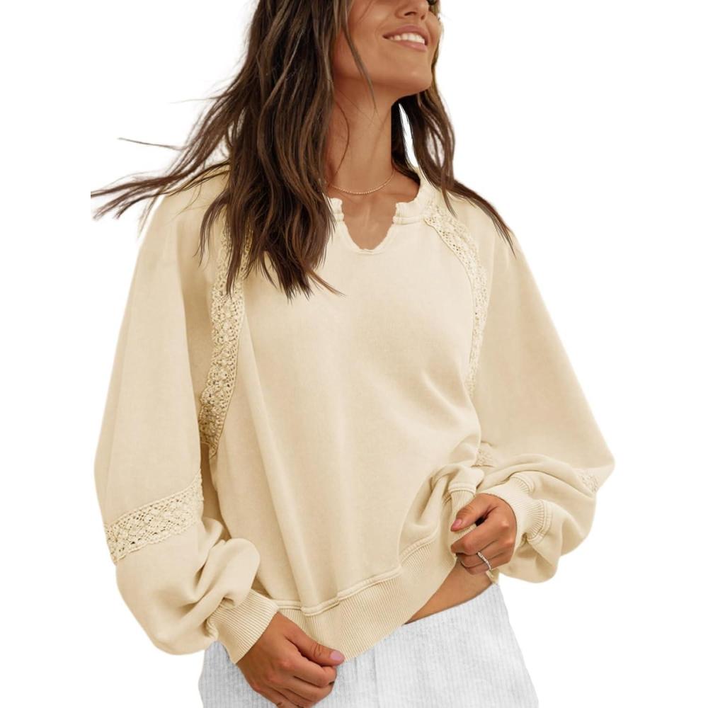 image:imageFisoew Womens Oversized Sweatshirt Casual V Neck Lace Lantern Long Sleeve Cropped Loose Fit Fall Pullover Top Beige