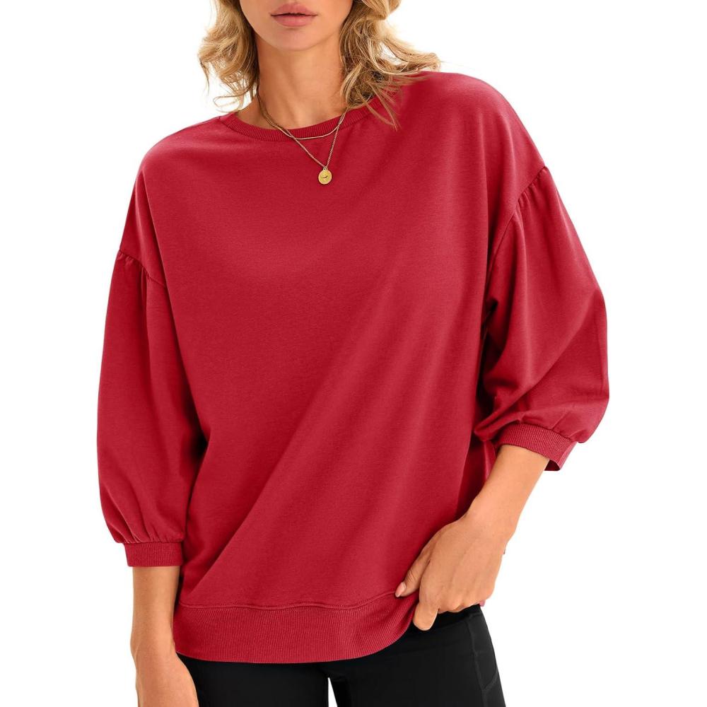 image:imageFisoew Womens Puff Sleeve Sweatshirts Casual Crewneck 34 Sleeve Loose Fit Fall Pullover TopsRed