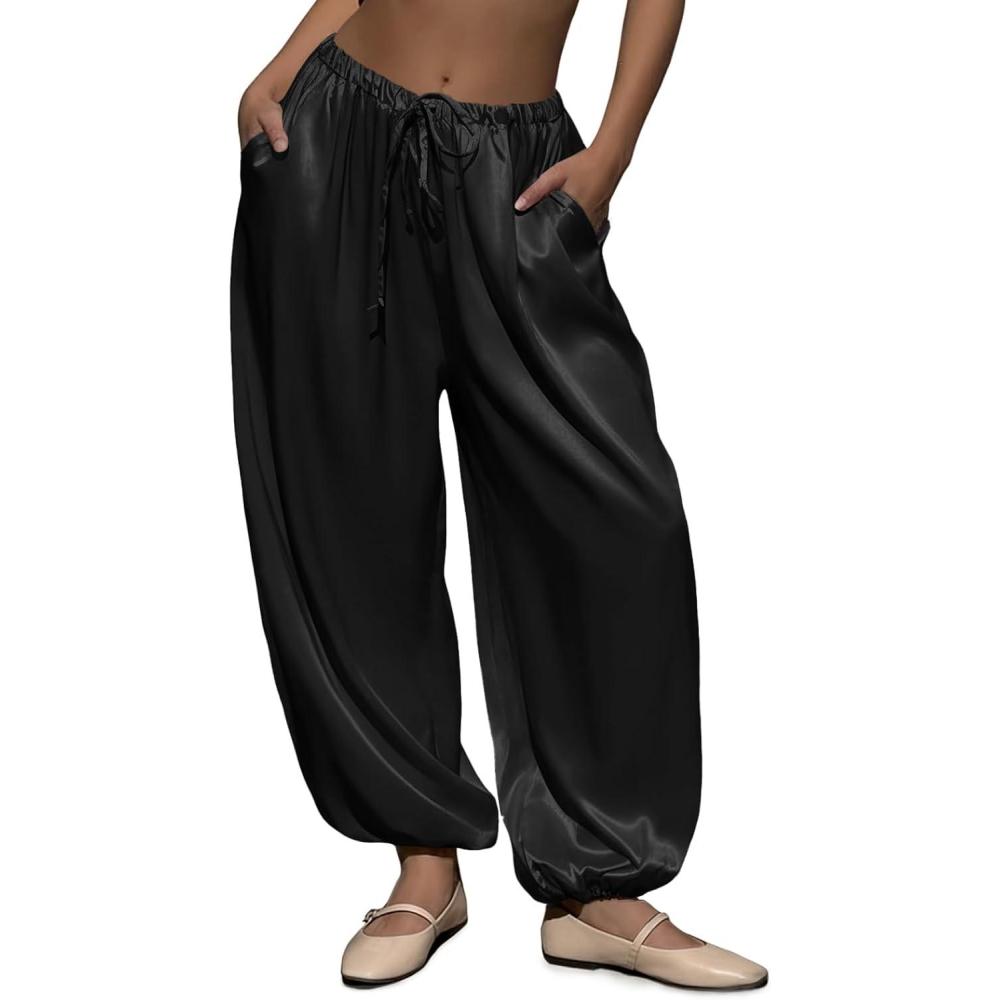 image:imageFisoew Womens Satin Harem Pants Casual Baggy Barrel Leg Elastic Waist Drawstring Loose Workout Track Pants with PocketsBlack