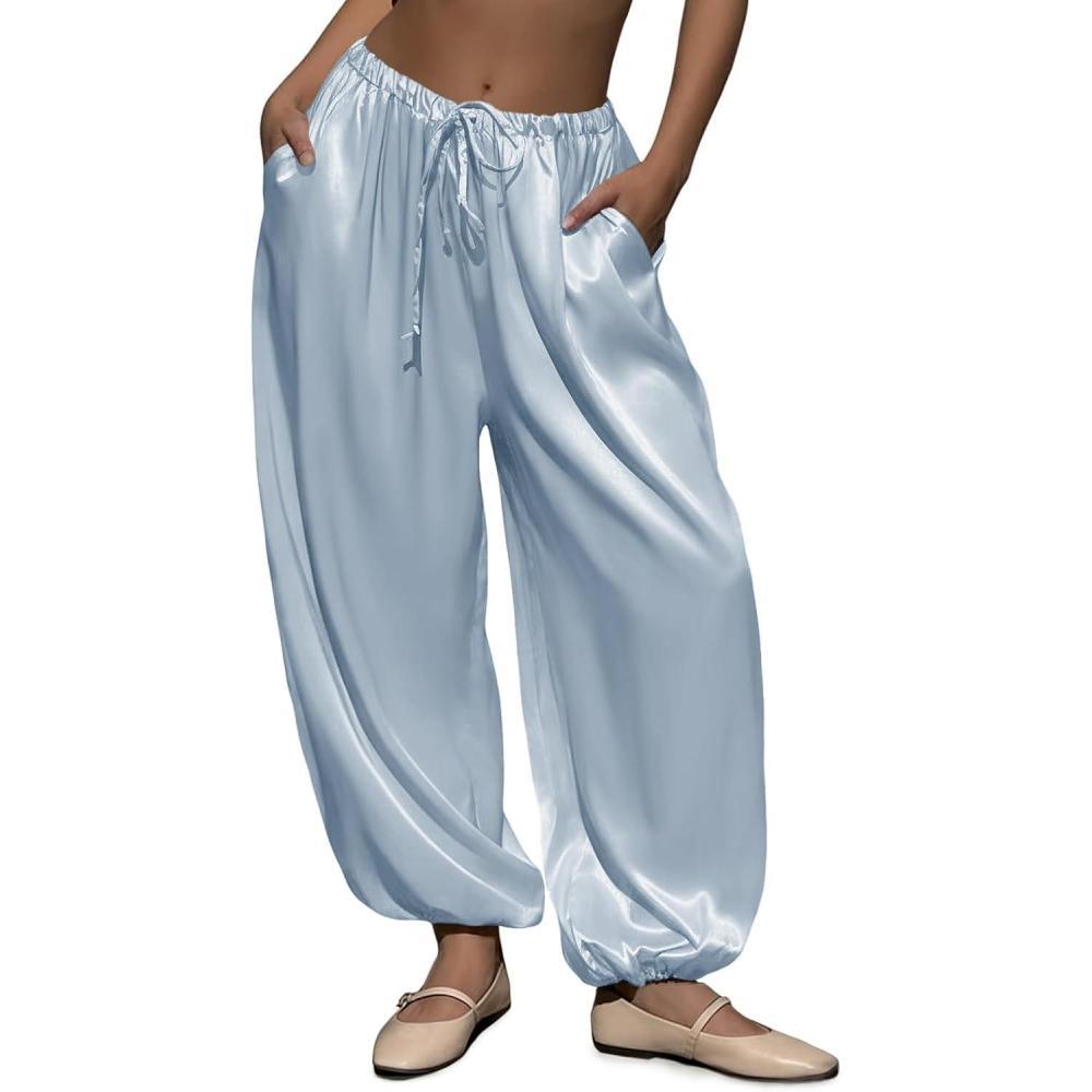 image:imageFisoew Womens Satin Harem Pants Casual Baggy Barrel Leg Elastic Waist Drawstring Loose Workout Track Pants with PocketsBlue
