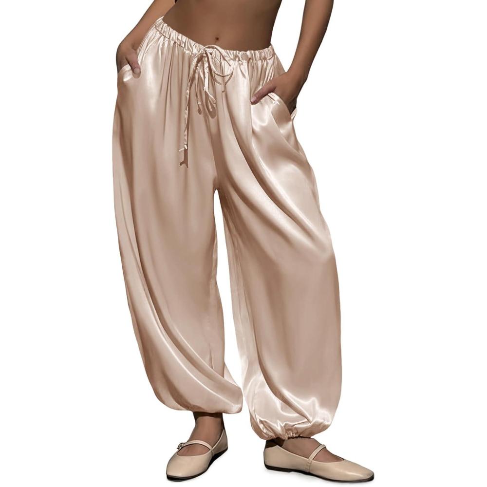 image:imageFisoew Womens Satin Harem Pants Casual Baggy Barrel Leg Elastic Waist Drawstring Loose Workout Track Pants with PocketsKhaki
