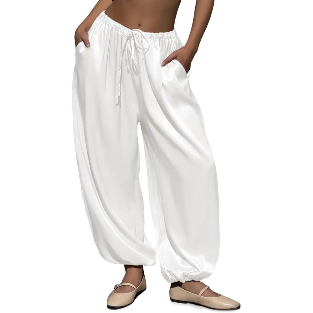image:imageFisoew Womens Satin Harem Pants Casual Baggy Barrel Leg Elastic Waist Drawstring Loose Workout Track Pants with PocketsWhite