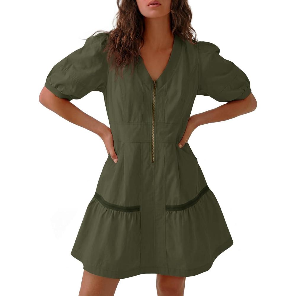 image:imageFisoew Womens Short Sleeve Mini Dress Casual Half Zip V Neck Loose Mesh Back Utility Summer Dresses with PocketsArmy Green