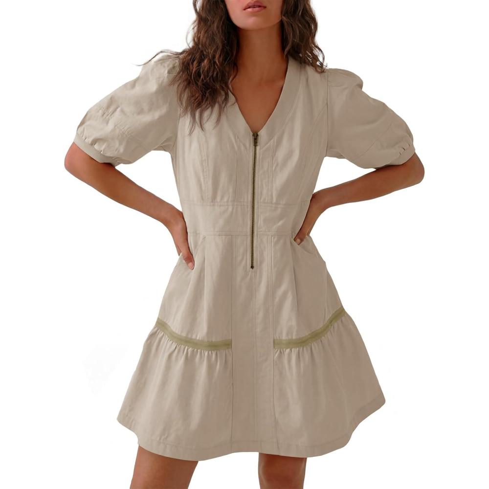 image:imageFisoew Womens Short Sleeve Mini Dress Casual Half Zip V Neck Loose Mesh Back Utility Summer Dresses with PocketsKhaki