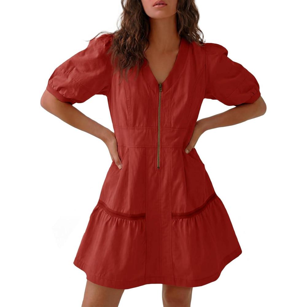 image:imageFisoew Womens Short Sleeve Mini Dress Casual Half Zip V Neck Loose Mesh Back Utility Summer Dresses with PocketsRed