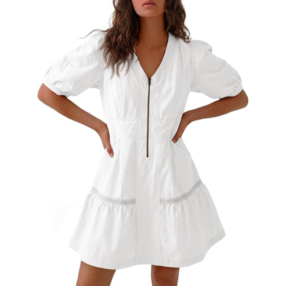 image:imageFisoew Womens Short Sleeve Mini Dress Casual Half Zip V Neck Loose Mesh Back Utility Summer Dresses with PocketsWhite