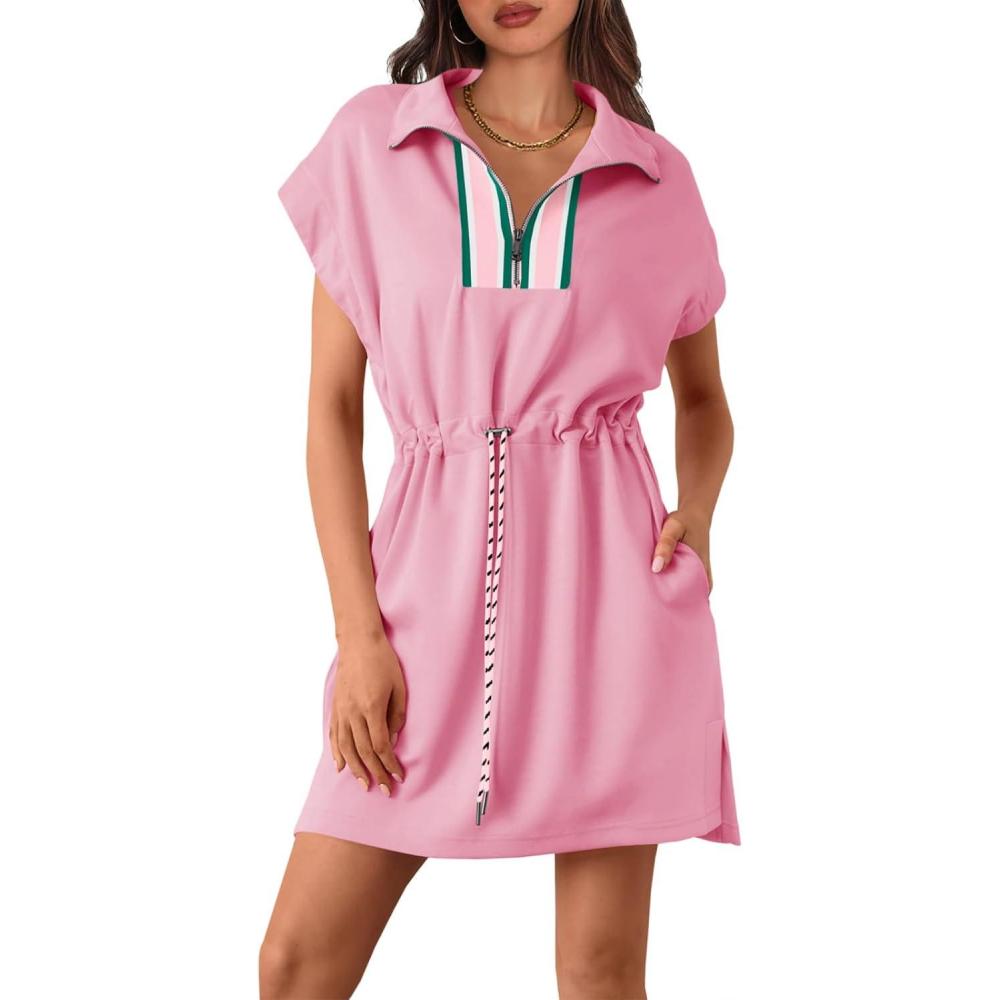 image:imageFisoew Womens Short Sleeve Mini Dress Summer Quarter Zip V Neck Casual Sweatshirt Dresses with Drawstring Waist Pink