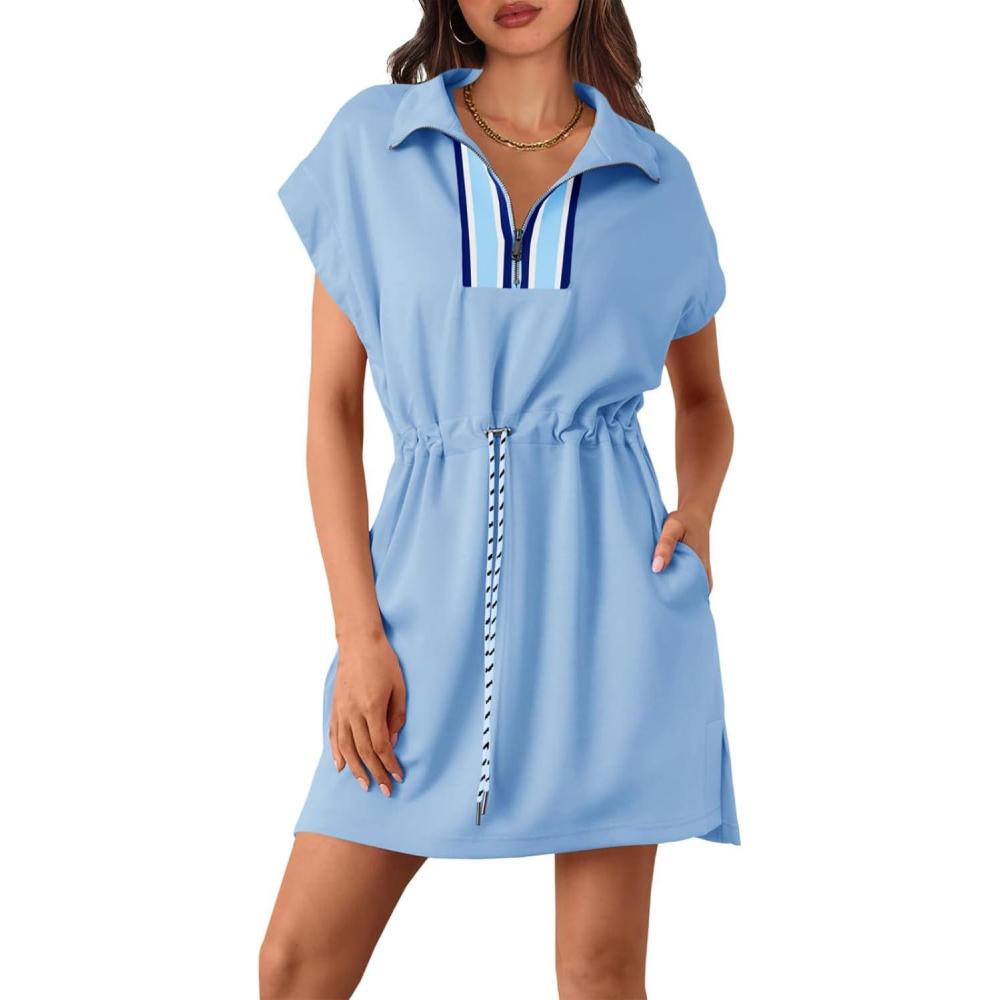 image:imageFisoew Womens Short Sleeve Mini Dress Summer Quarter Zip V Neck Casual Sweatshirt Dresses with Drawstring Waist Sky Blue