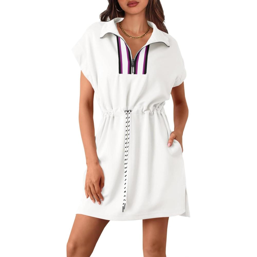 image:imageFisoew Womens Short Sleeve Mini Dress Summer Quarter Zip V Neck Casual Sweatshirt Dresses with Drawstring Waist White