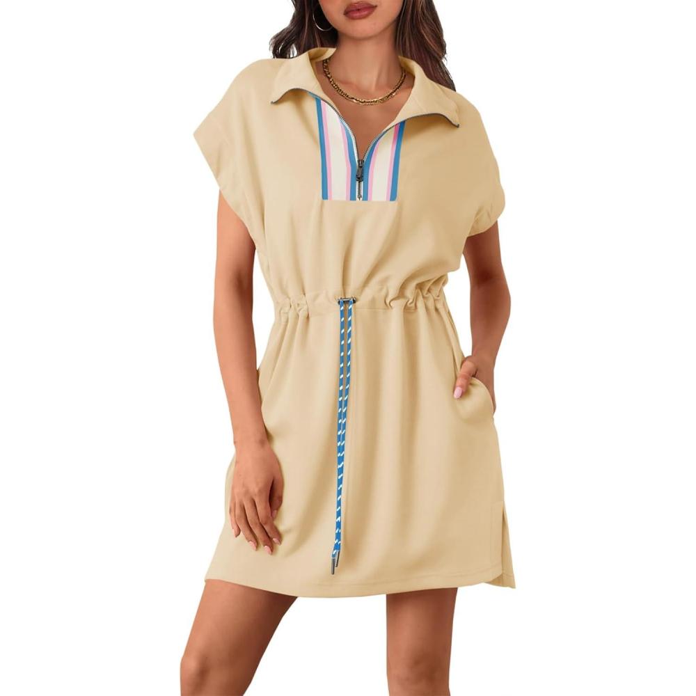 image:imageFisoew Womens Short Sleeve Mini Dress Summer Quarter Zip V Neck Casual Sweatshirt Dresses with Drawstring WaistBeige