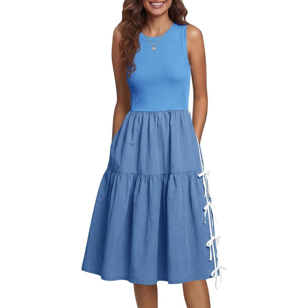 image:imageFisoew Womens Sleeveless Midi Dress Summer Ribbed Knit Patchwork Selftie Bow Loose Active Tank Dresses with PocketsBlue