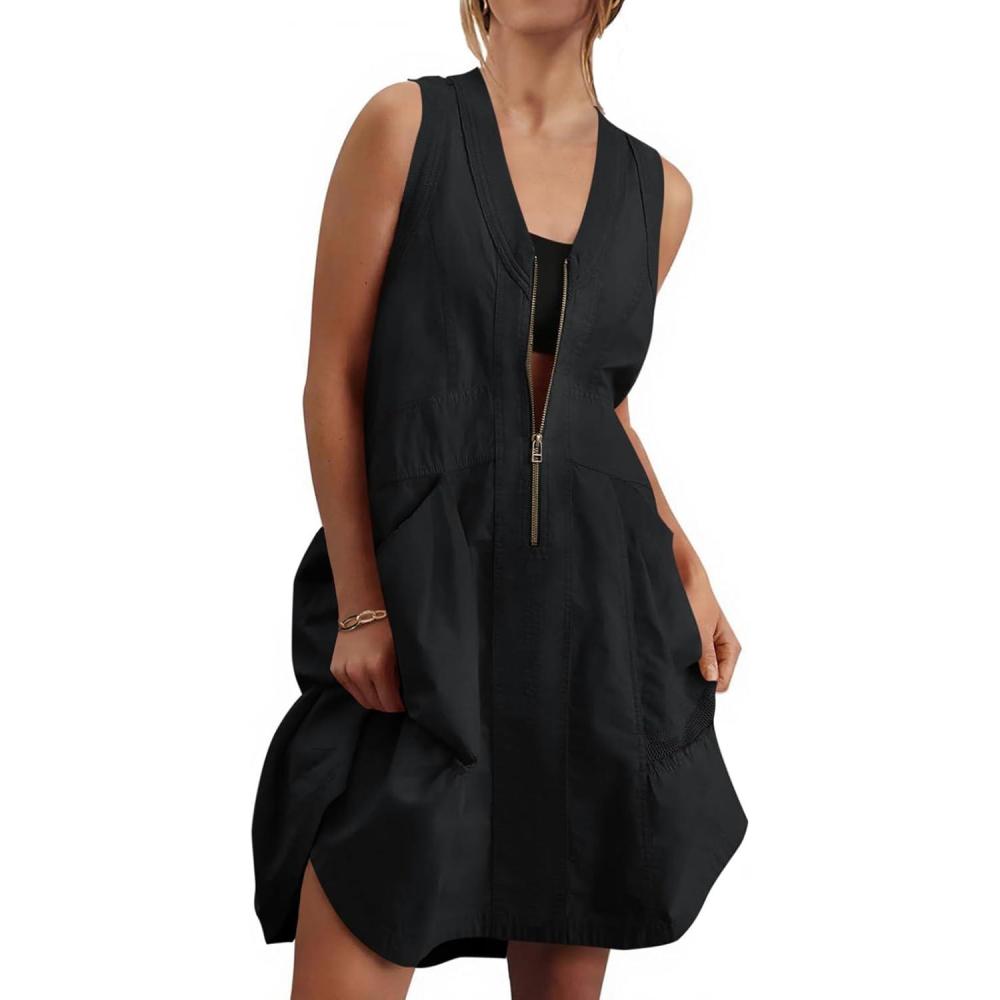 image:imageFisoew Womens Sleeveless Tank Mini Dress Casual Half Zip V Neck Loose Mesh Back Utility Summer Dresses with PocketsBlack