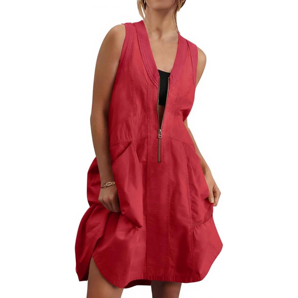 image:imageFisoew Womens Sleeveless Tank Mini Dress Casual Half Zip V Neck Loose Mesh Back Utility Summer Dresses with PocketsRed