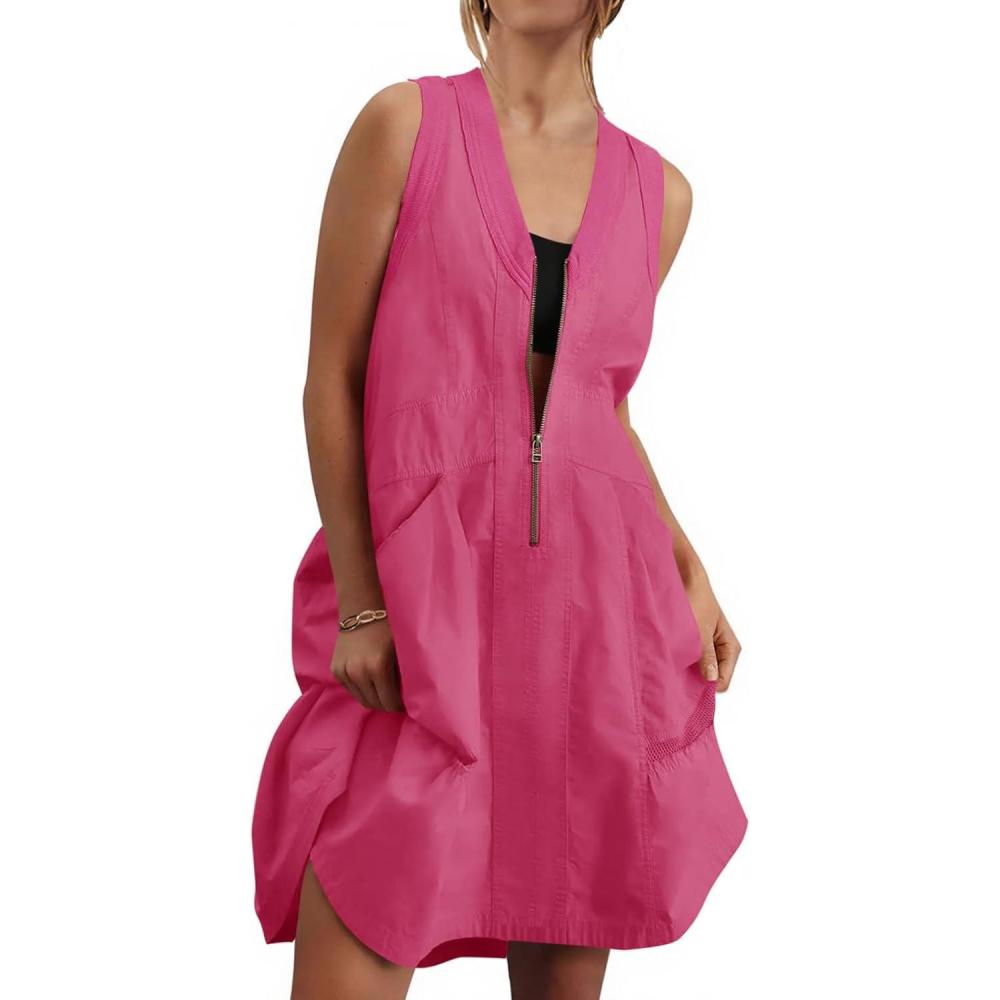 image:imageFisoew Womens Sleeveless Tank Mini Dress Casual Half Zip V Neck Loose Mesh Back Utility Summer Dresses with PocketsRose Red