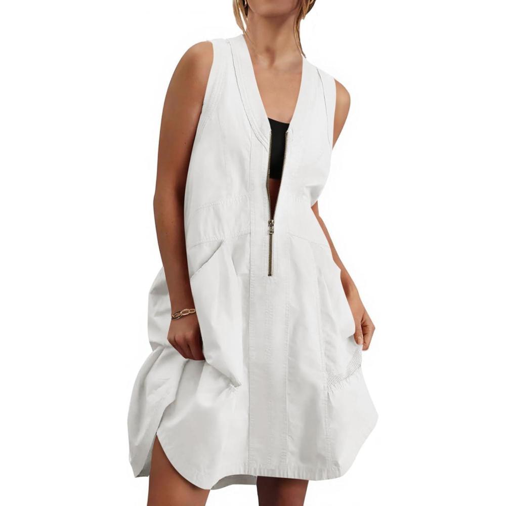 image:imageFisoew Womens Sleeveless Tank Mini Dress Casual Half Zip V Neck Loose Mesh Back Utility Summer Dresses with PocketsWhite