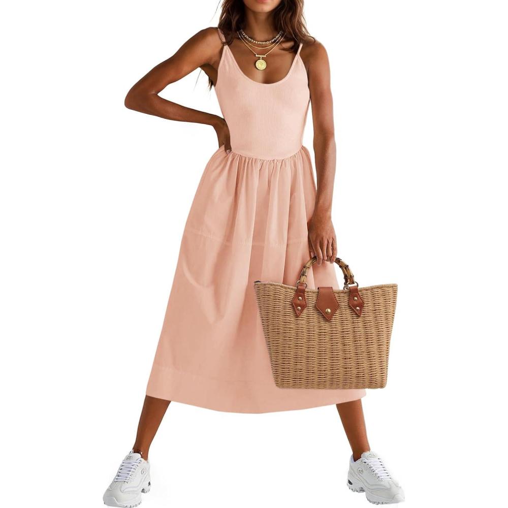 image:imageFisoew Womens Spaghetti Strap Dress V Neck Backless Summer Casual A Line Cami Dress with PocketBeige