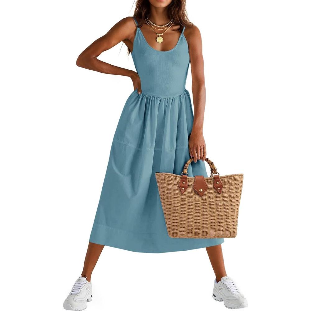 image:imageFisoew Womens Spaghetti Strap Dress V Neck Backless Summer Casual A Line Cami Dress with PocketBlue