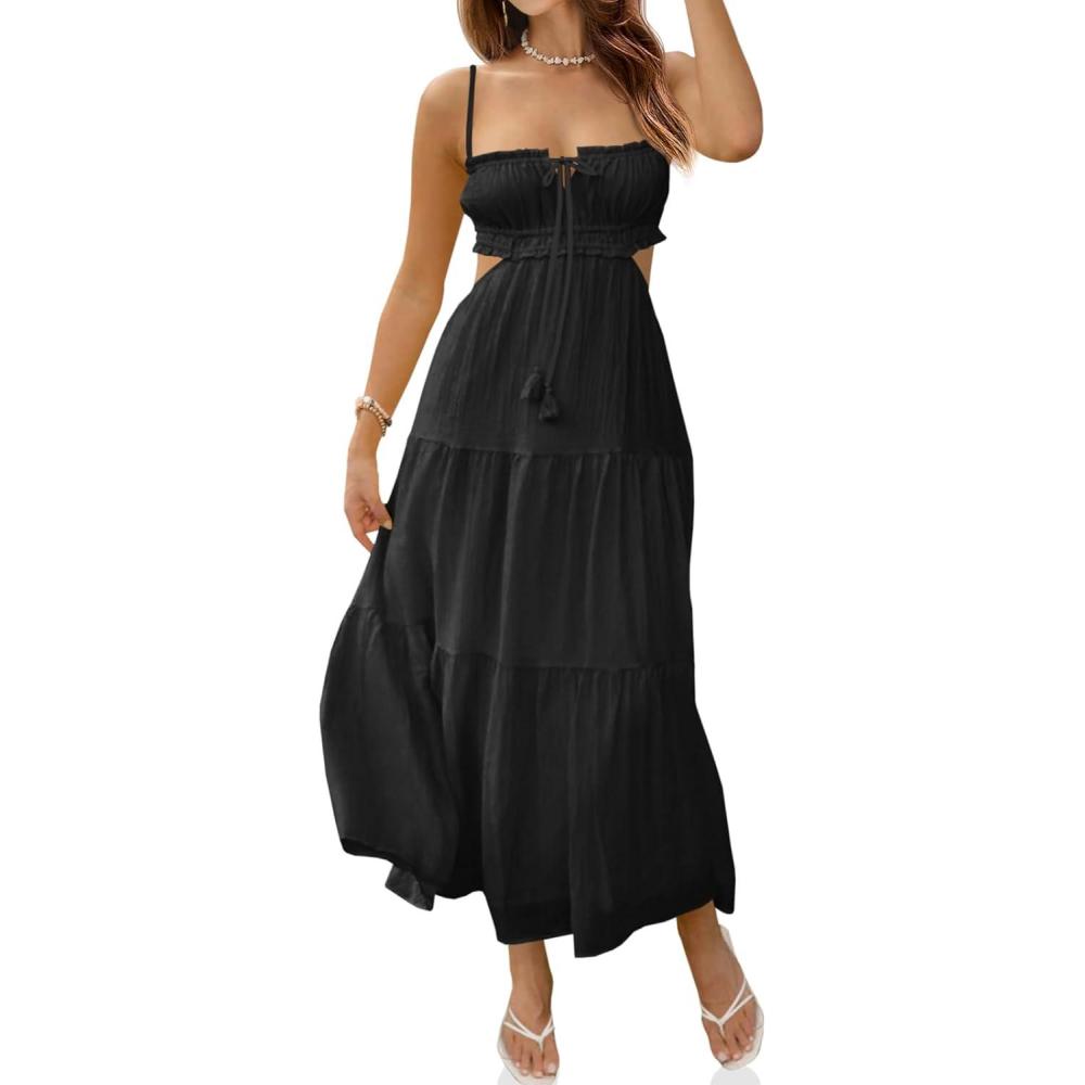 image:imageFisoew Womens Spaghetti Strap Maxi Dress Summer Sleeveless Side Cut Out Dress Casual Boho Backless Flowy Long DressesBlack