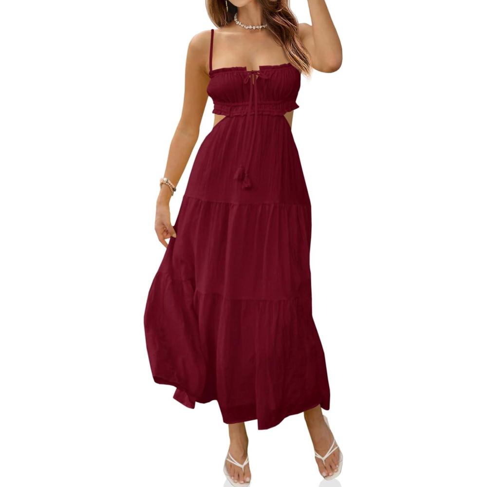 image:imageFisoew Womens Spaghetti Strap Maxi Dress Summer Sleeveless Side Cut Out Dress Casual Boho Backless Flowy Long DressesBurgundy