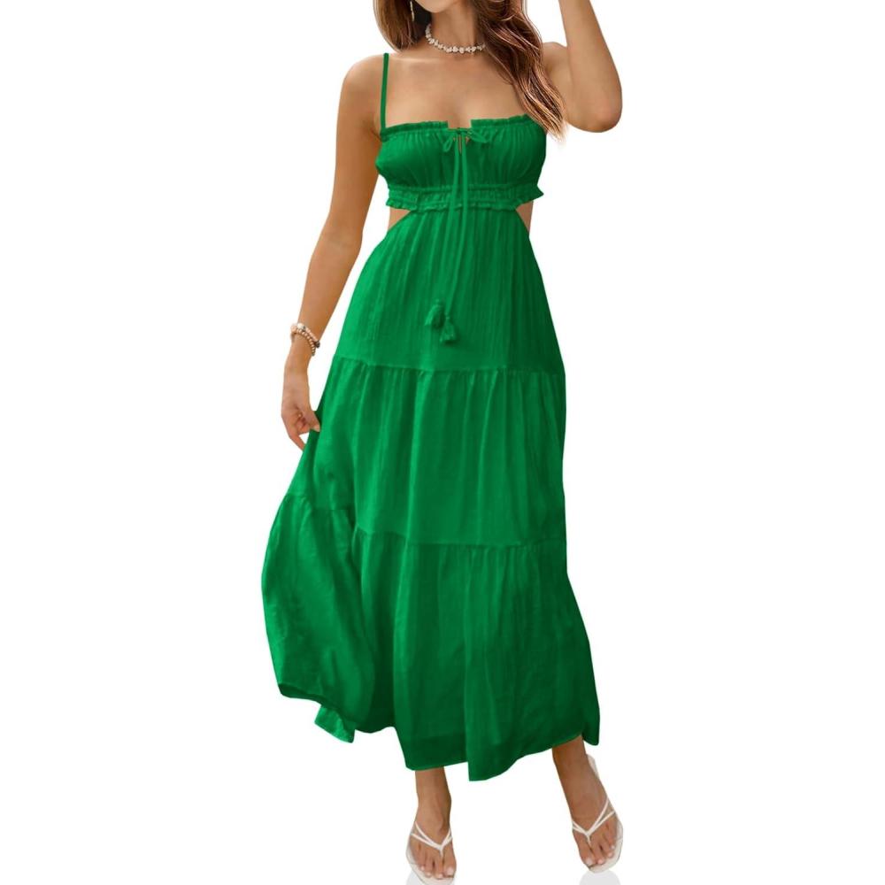 image:imageFisoew Womens Spaghetti Strap Maxi Dress Summer Sleeveless Side Cut Out Dress Casual Boho Backless Flowy Long DressesGrass Green