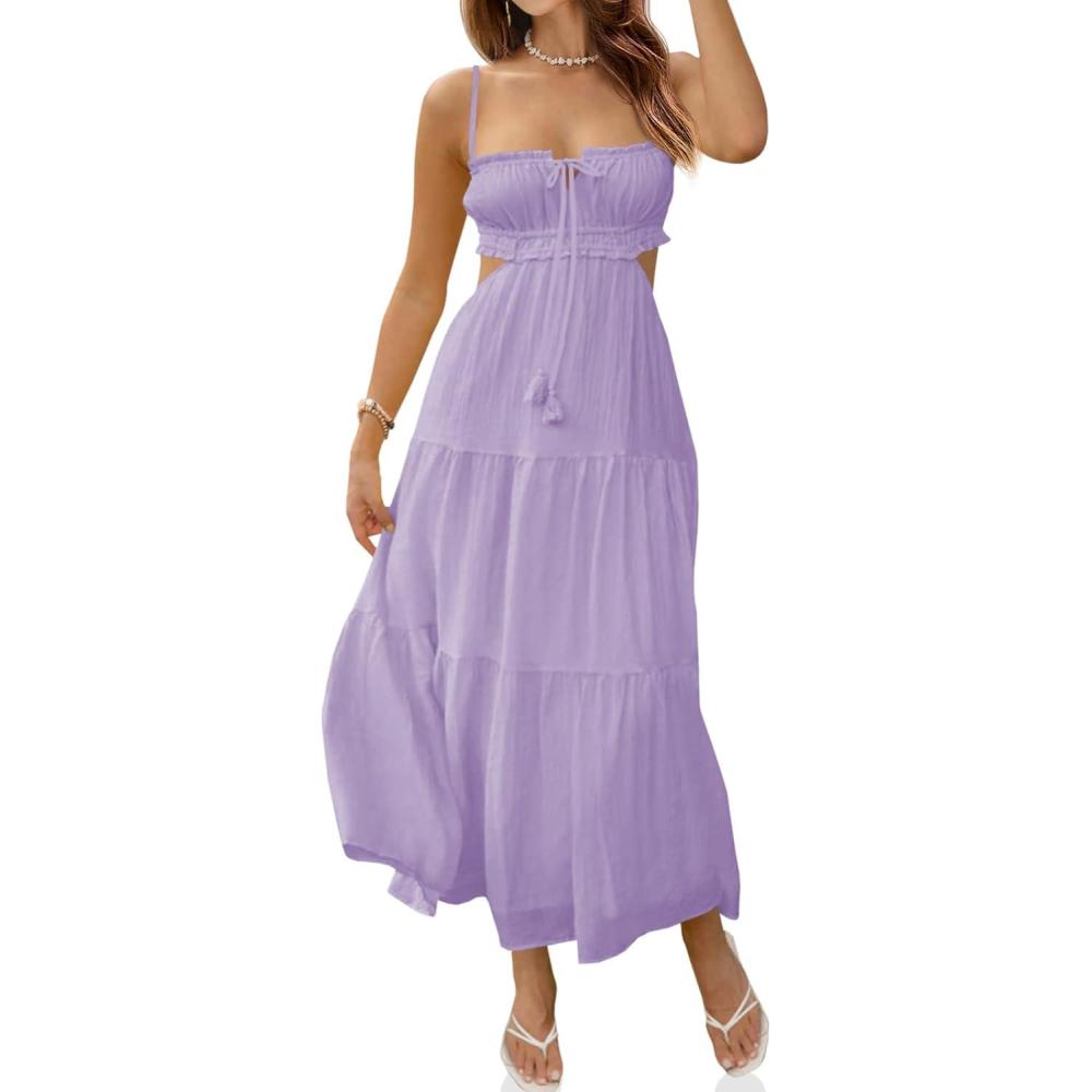 image:imageFisoew Womens Spaghetti Strap Maxi Dress Summer Sleeveless Side Cut Out Dress Casual Boho Backless Flowy Long DressesLight Purple
