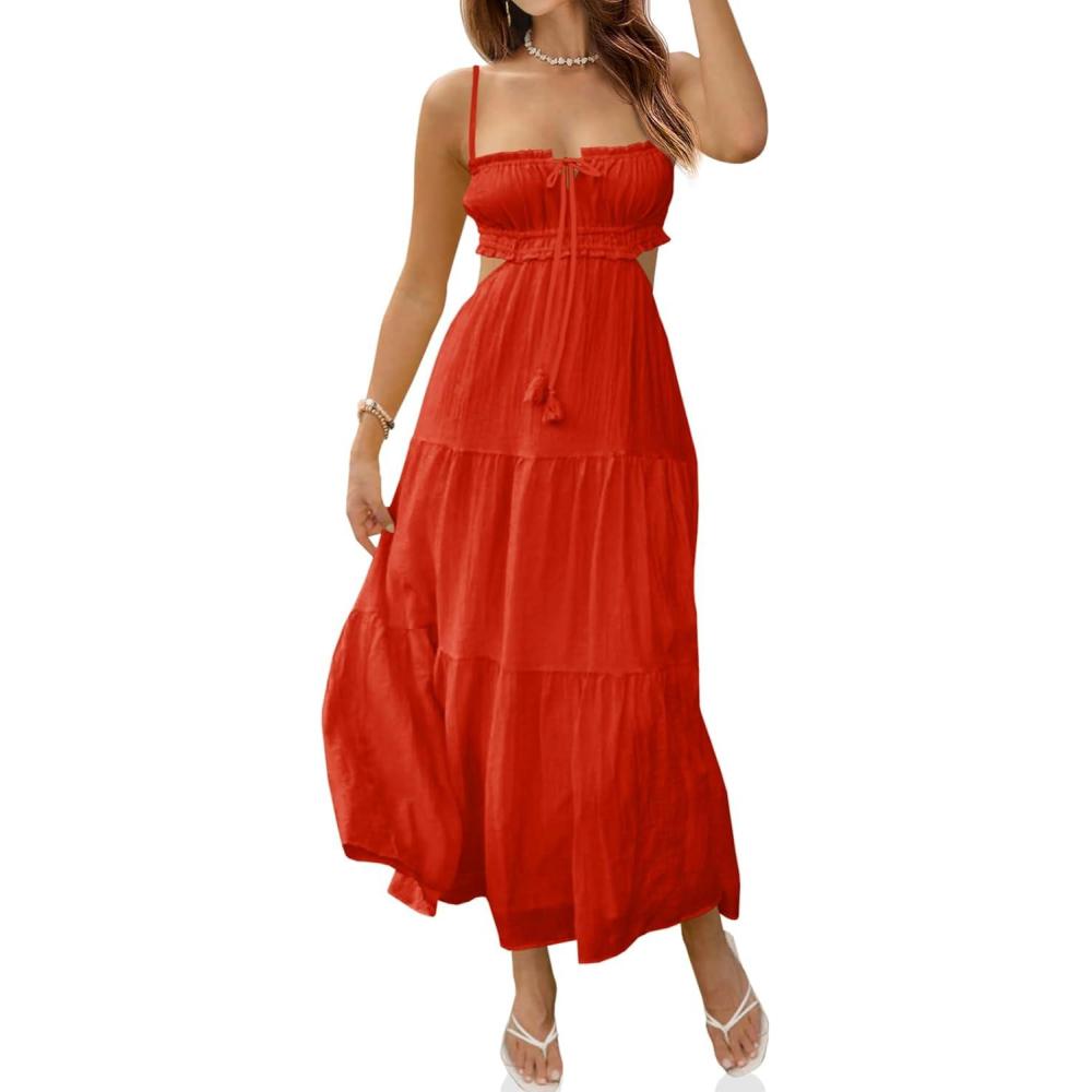 image:imageFisoew Womens Spaghetti Strap Maxi Dress Summer Sleeveless Side Cut Out Dress Casual Boho Backless Flowy Long DressesOrange