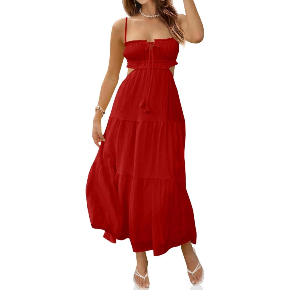 image:imageFisoew Womens Spaghetti Strap Maxi Dress Summer Sleeveless Side Cut Out Dress Casual Boho Backless Flowy Long DressesRed