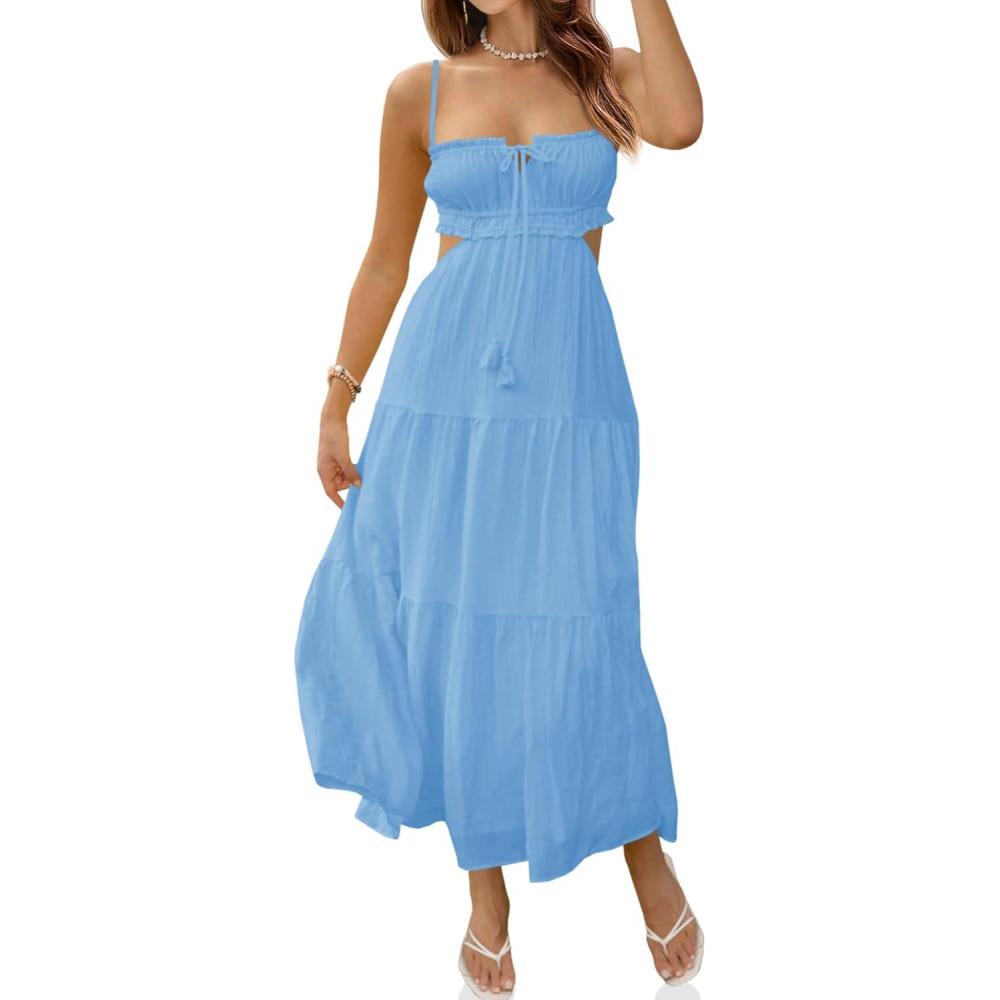 image:imageFisoew Womens Spaghetti Strap Maxi Dress Summer Sleeveless Side Cut Out Dress Casual Boho Backless Flowy Long DressesSky Blue