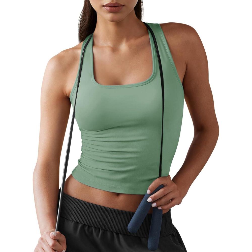 image:imageFisoew Womens Square Neck Sleeveless Tank Top Builtin Bra Racerback Tank Fitted Y2K Basic Workout Crop TopsArmy Green