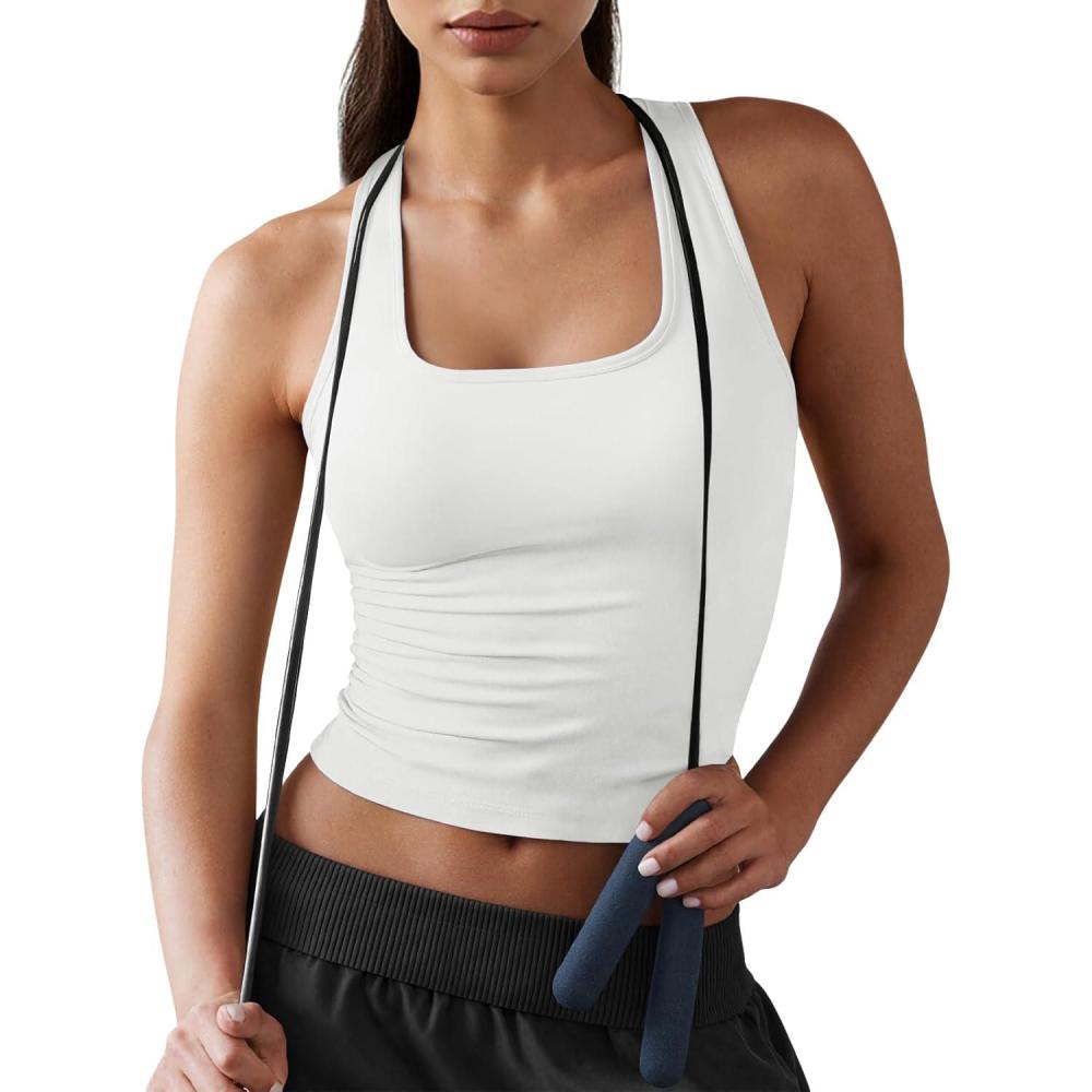 image:imageFisoew Womens Square Neck Sleeveless Tank Top Builtin Bra Racerback Tank Fitted Y2K Basic Workout Crop TopsWhite
