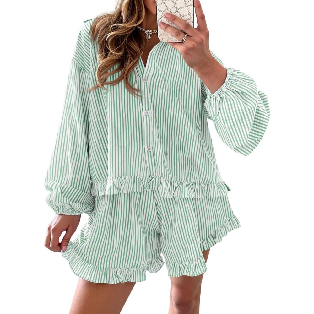 image:imageFisoew Womens Stripe 2 Piece Lounge Sets Button Down Ruffle Shirts Shorts Sets Casual Oversized Pajama Sets LoungewearLight Green