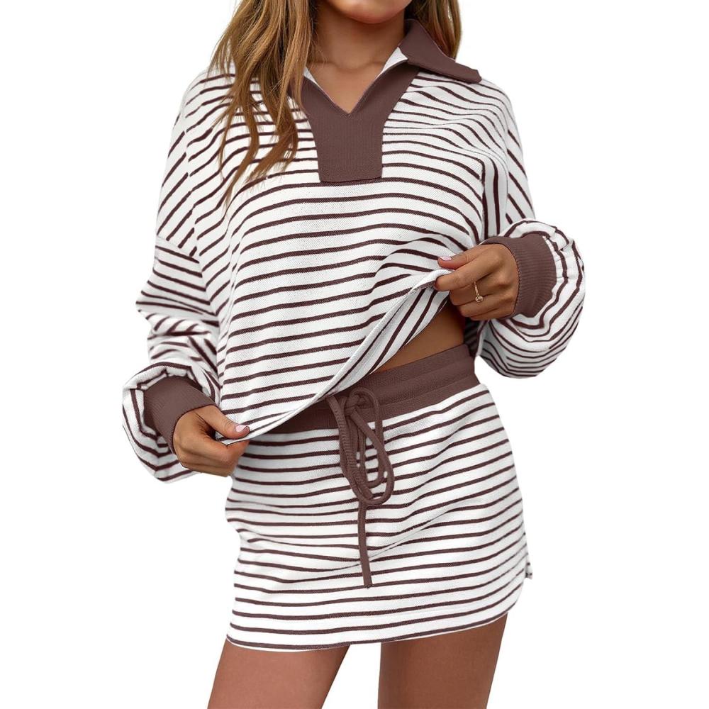 image:imageFisoew Womens Striped 2 Piece Outfits Casual Sweatshirt Skirt Set Long Sleeve Skort Workout Set Matching Lounge SetsBrown